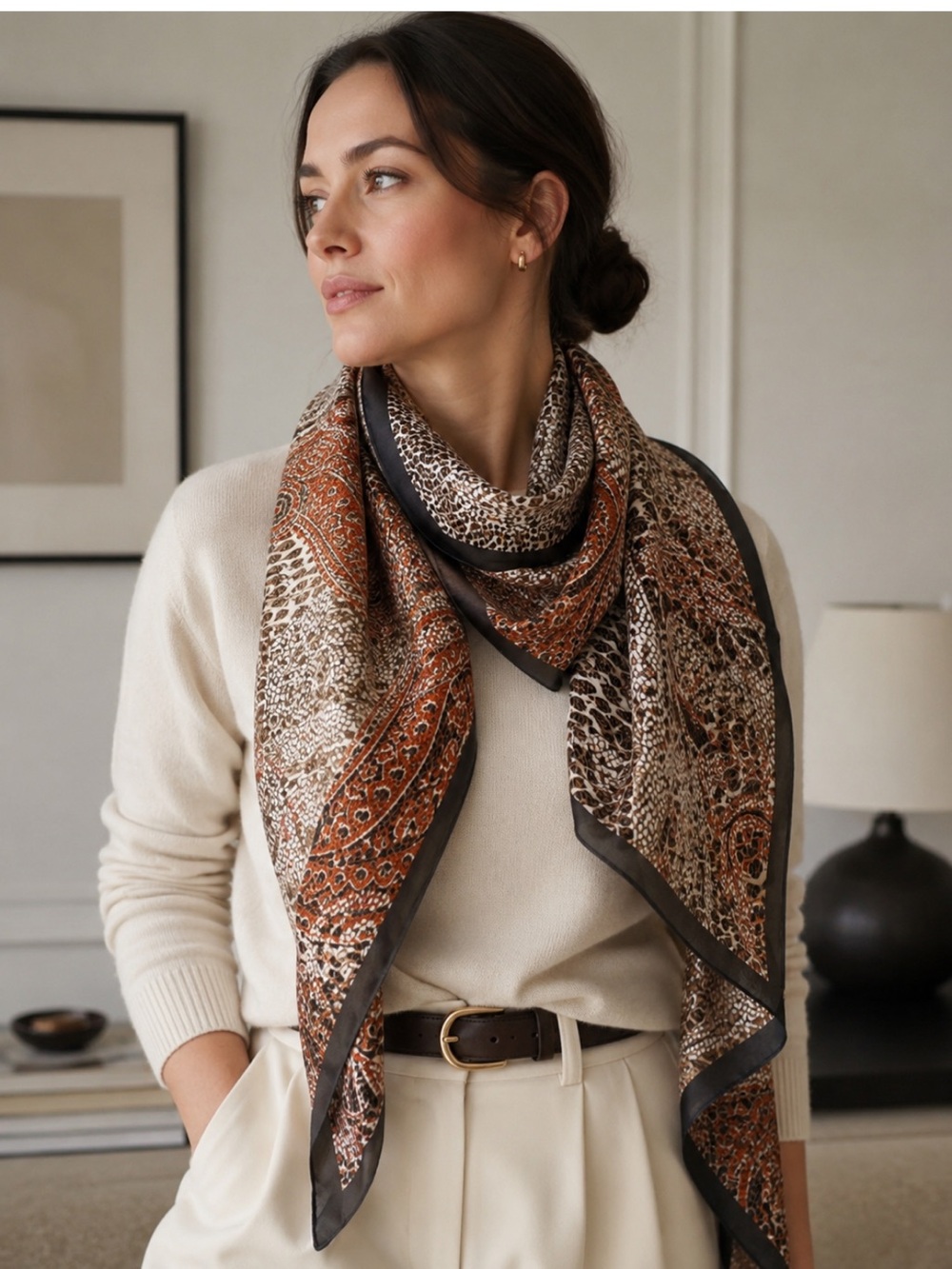Adrienne Landau Studio Animal Print Paisley Oblong Scarf Wrap Brown Neutral